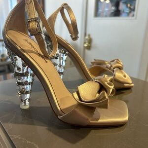 Jeffrey Campbell Gold Satin Heels with Crystal Accents